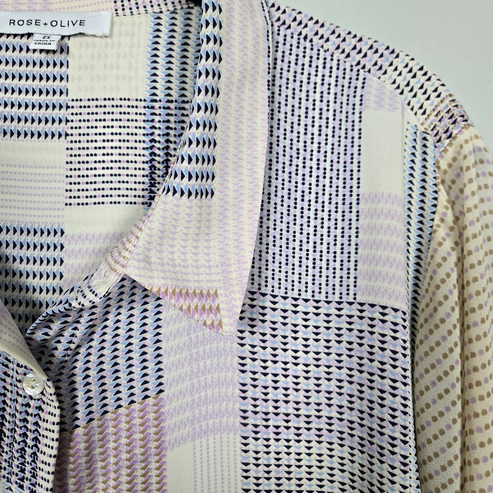 Rose & Olive Womens Geometric Button Up Top 2X Pastel 3/4 Sleeve Office Career - Picture 3 of 8